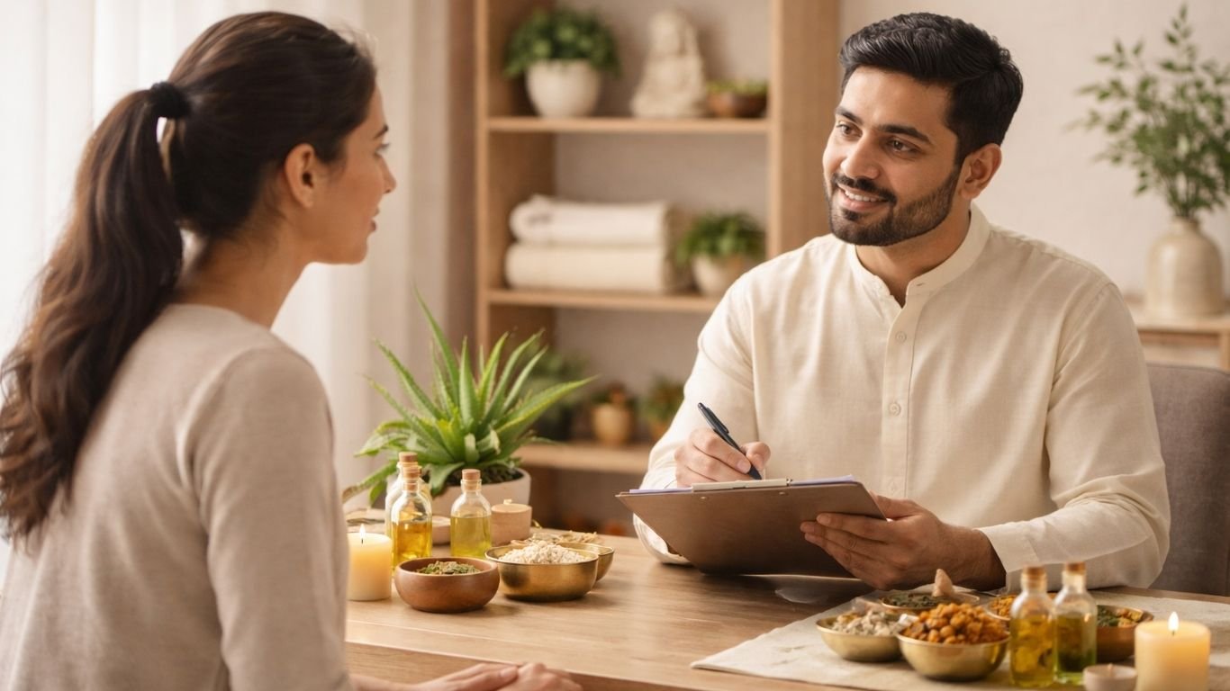 Ayurvedic Doctor in Sharjah Ayurvedic doctor in Sharjah consulting a patient for natural treatment